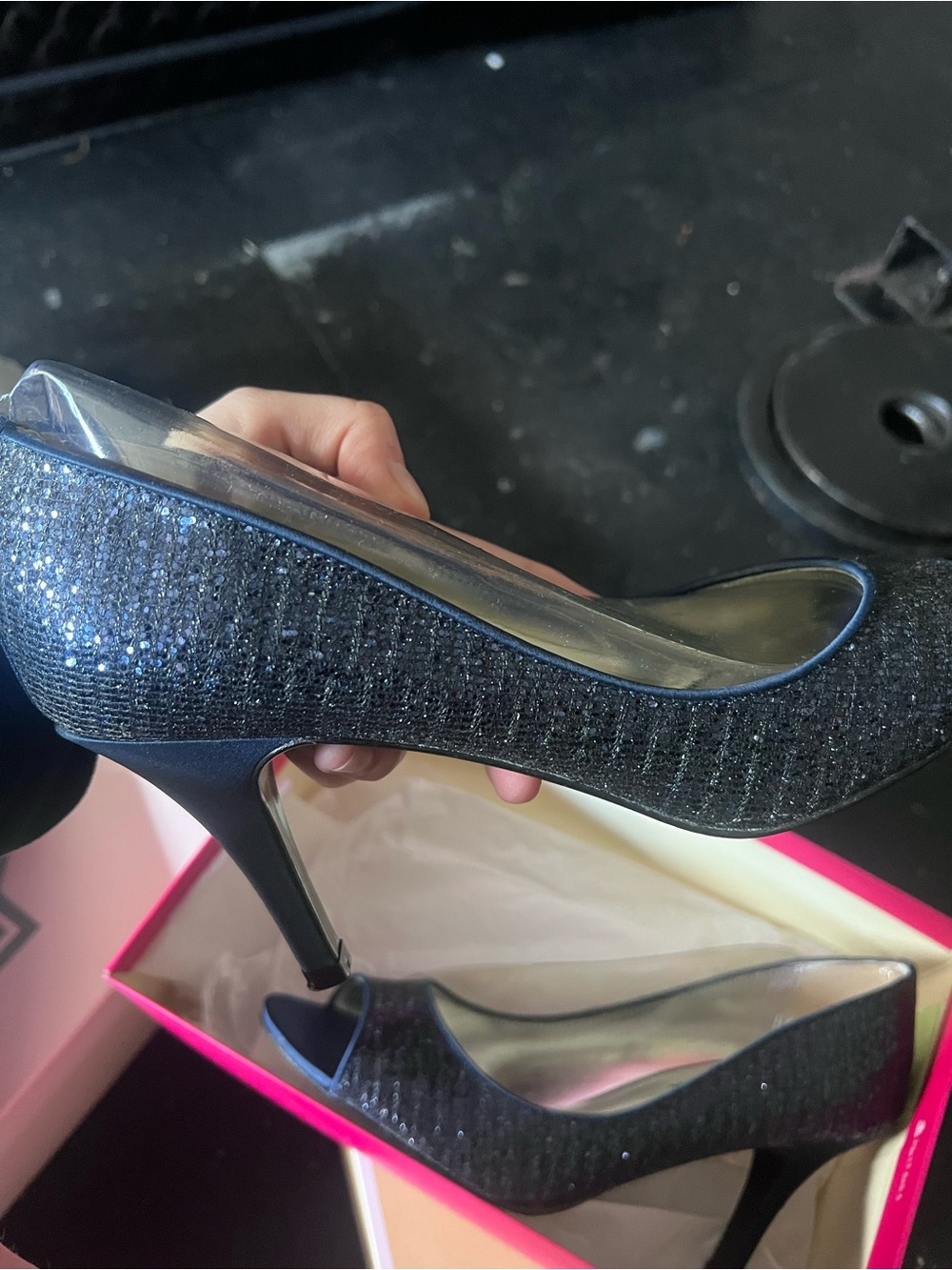 Touch of Nina Navy Glitter Peep-Toe Heels